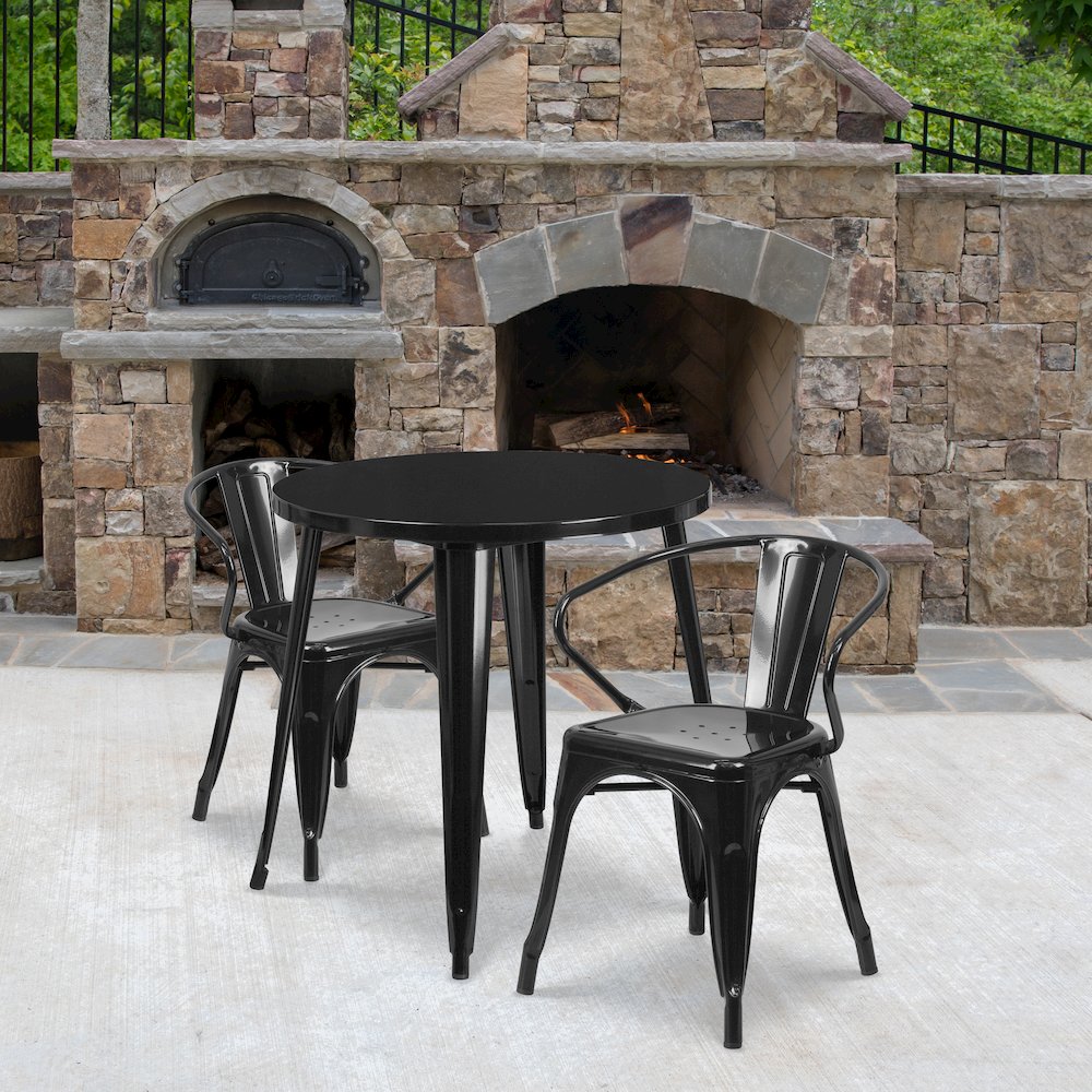 30" Round Black Metal Indoor-Outdoor Table Set with 2 Arm Chairs. Picture 2