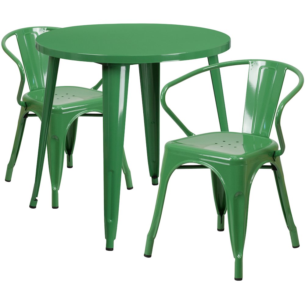 30" Round Green Metal Indoor-Outdoor Table Set with 2 Arm Chairs. Picture 1