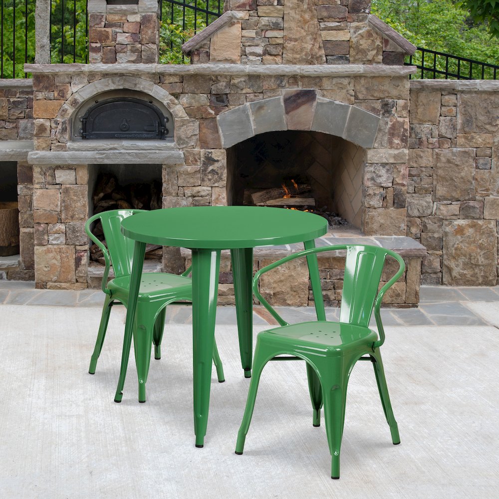 30" Round Green Metal Indoor-Outdoor Table Set with 2 Arm Chairs. Picture 2