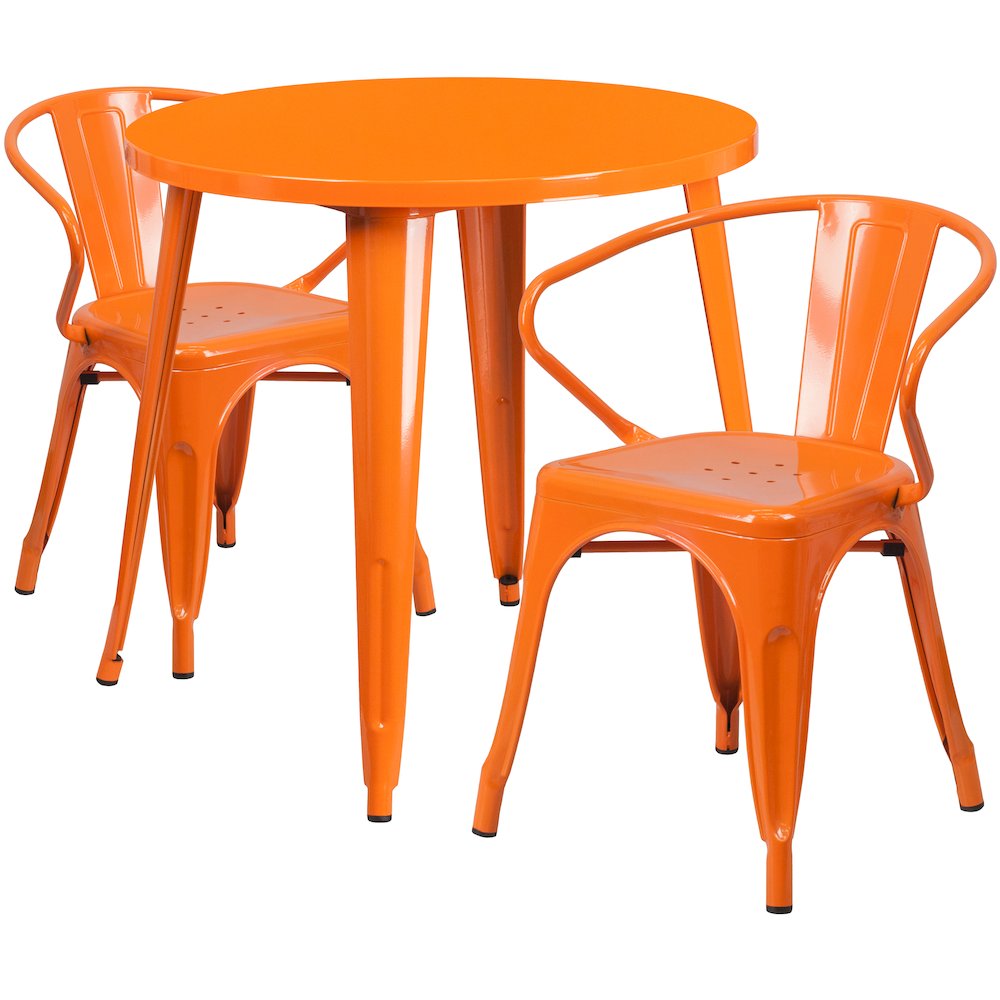 Commercial Grade 30" Round Orange Metal Indoor-Outdoor Table Set with 2 Arm Chairs. Picture 1