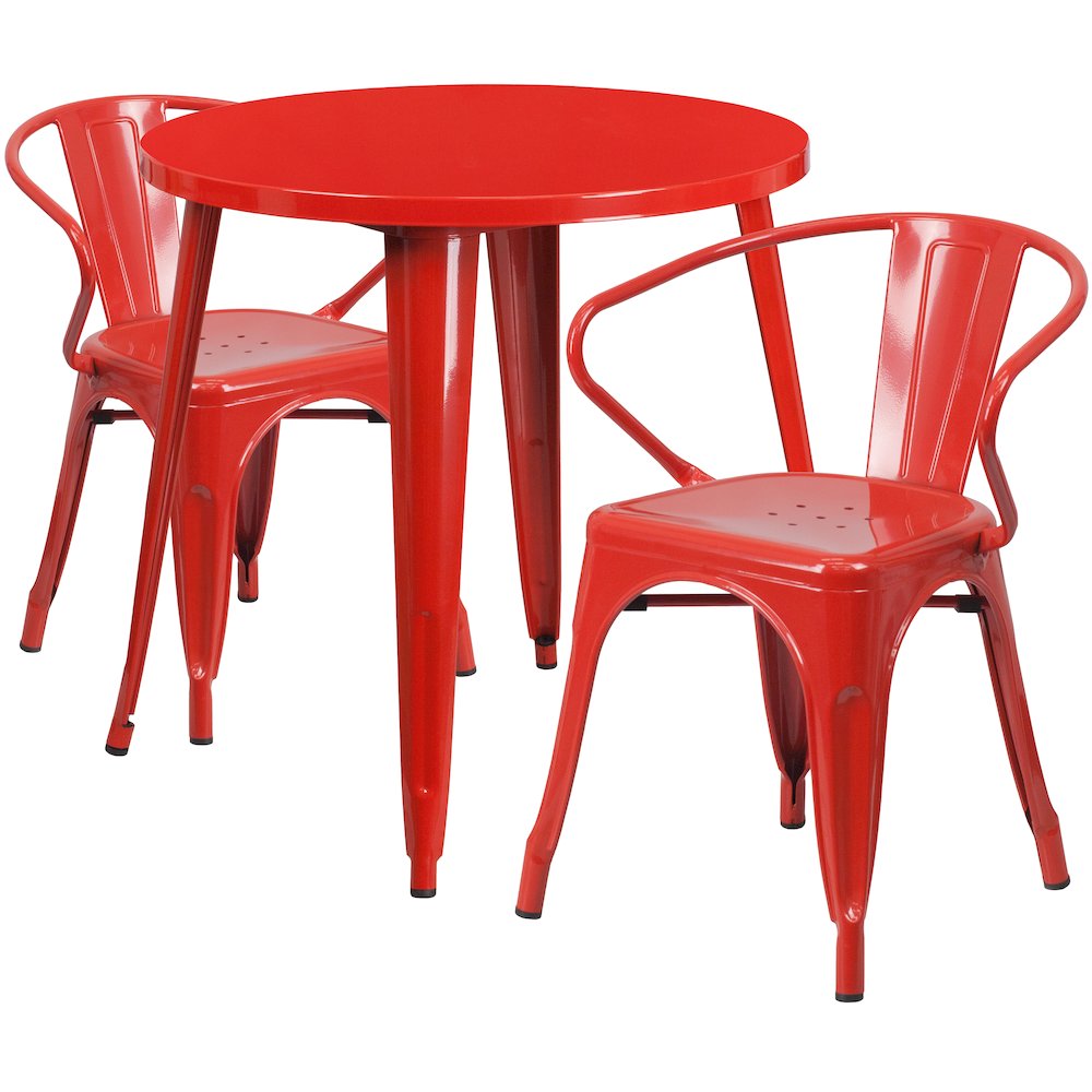 30" Round Red Metal Indoor-Outdoor Table Set with 2 Arm Chairs. Picture 1