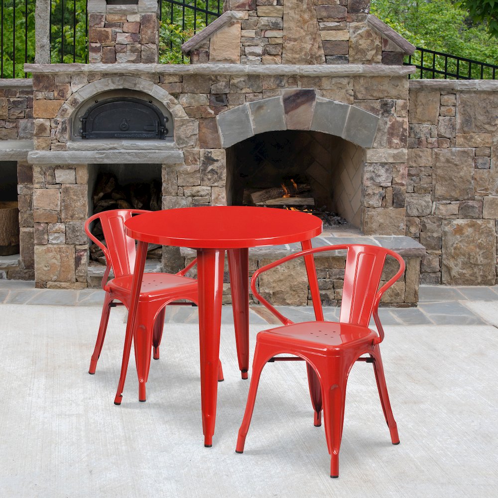 30" Round Red Metal Indoor-Outdoor Table Set with 2 Arm Chairs. Picture 2