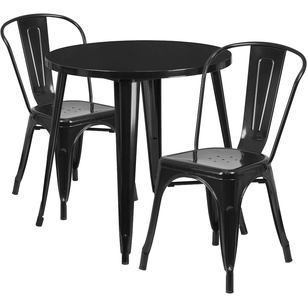 30" Round Black Metal Indoor-Outdoor Table Set with 2 Cafe Chairs. Picture 1