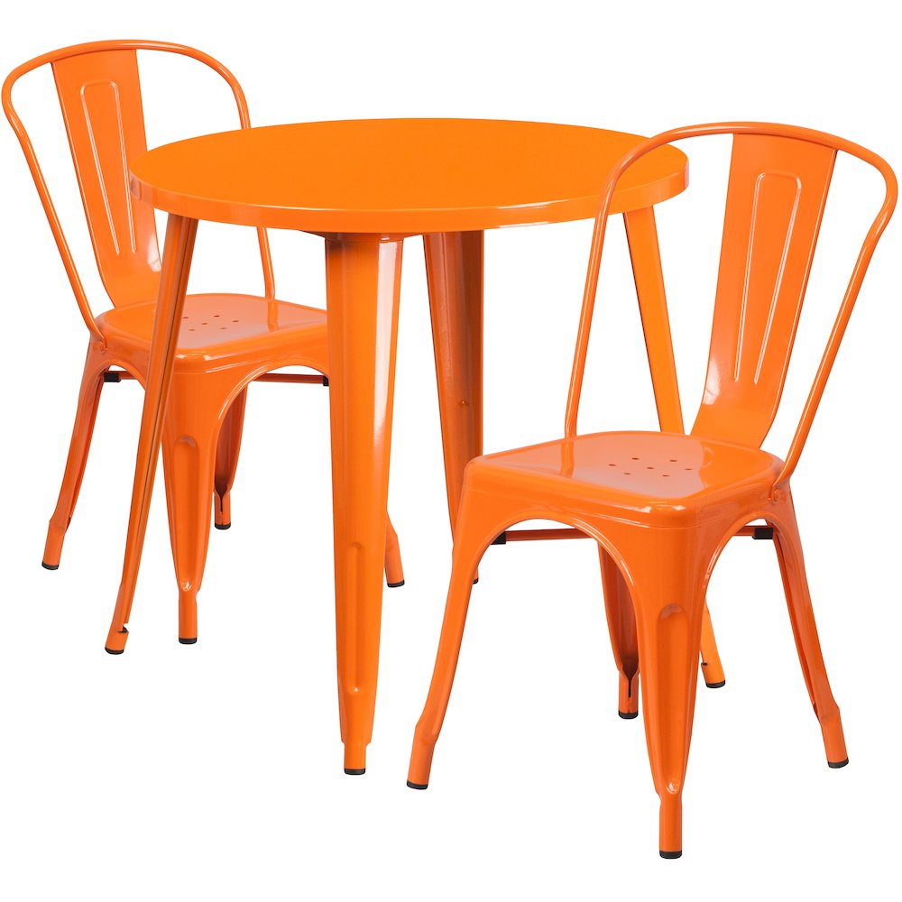 Commercial Grade 30" Round Orange Metal Indoor-Outdoor Table Set with 2 Cafe Chairs. Picture 1