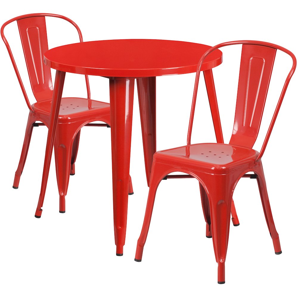 30" Round Red Metal Indoor-Outdoor Table Set with 2 Cafe Chairs. Picture 1