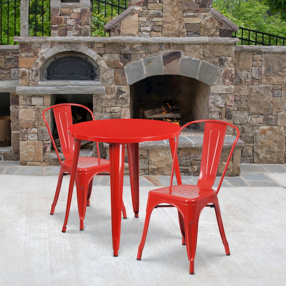 30" Round Red Metal Indoor-Outdoor Table Set with 2 Cafe Chairs. Picture 2