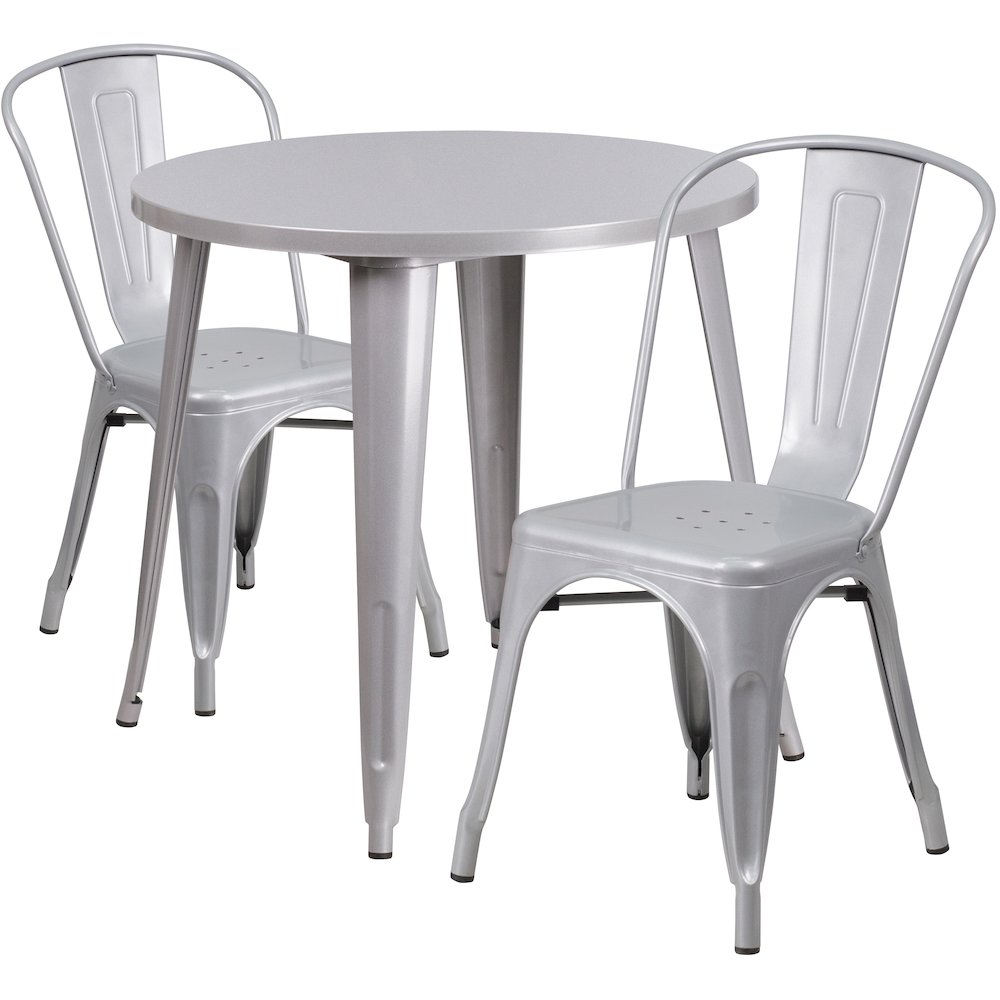 Commercial Grade 30" Round Silver Metal Indoor-Outdoor Table Set with 2 Cafe Chairs. Picture 1