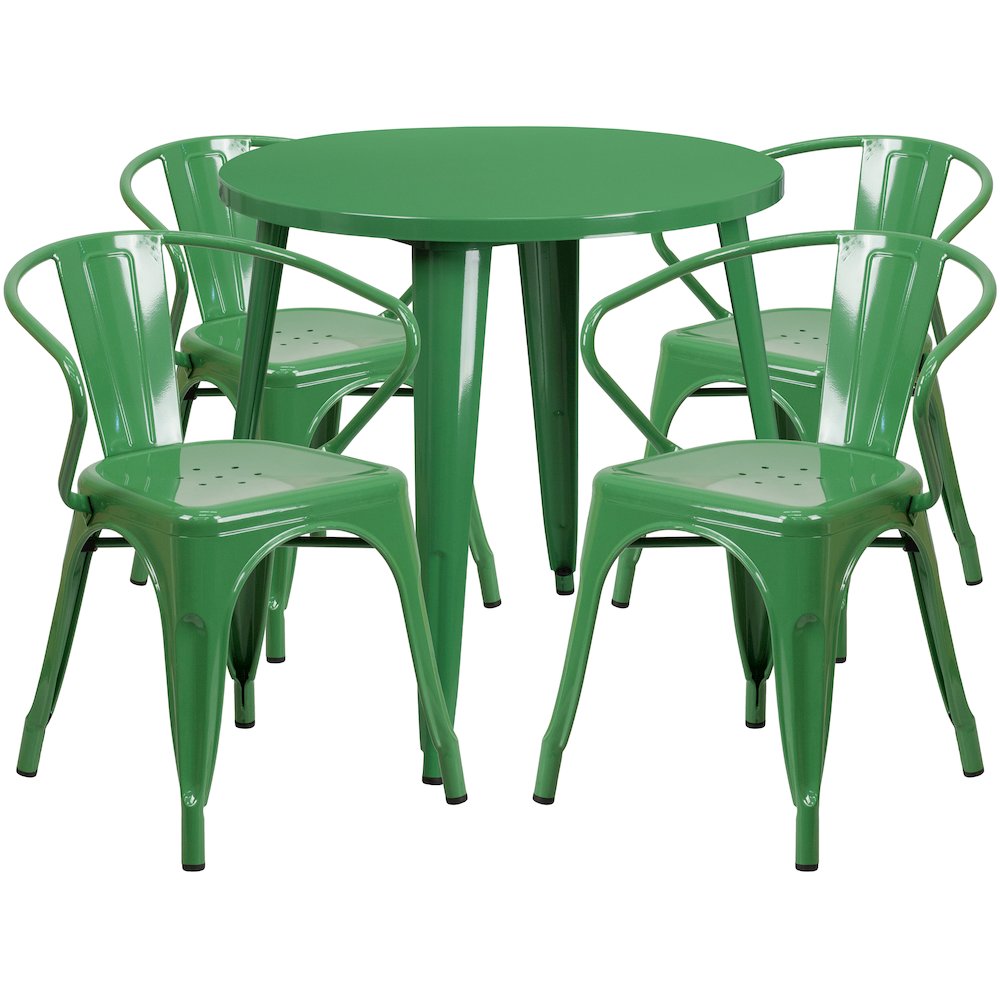 30" Round Green Metal Indoor-Outdoor Table Set with 4 Arm Chairs. Picture 1