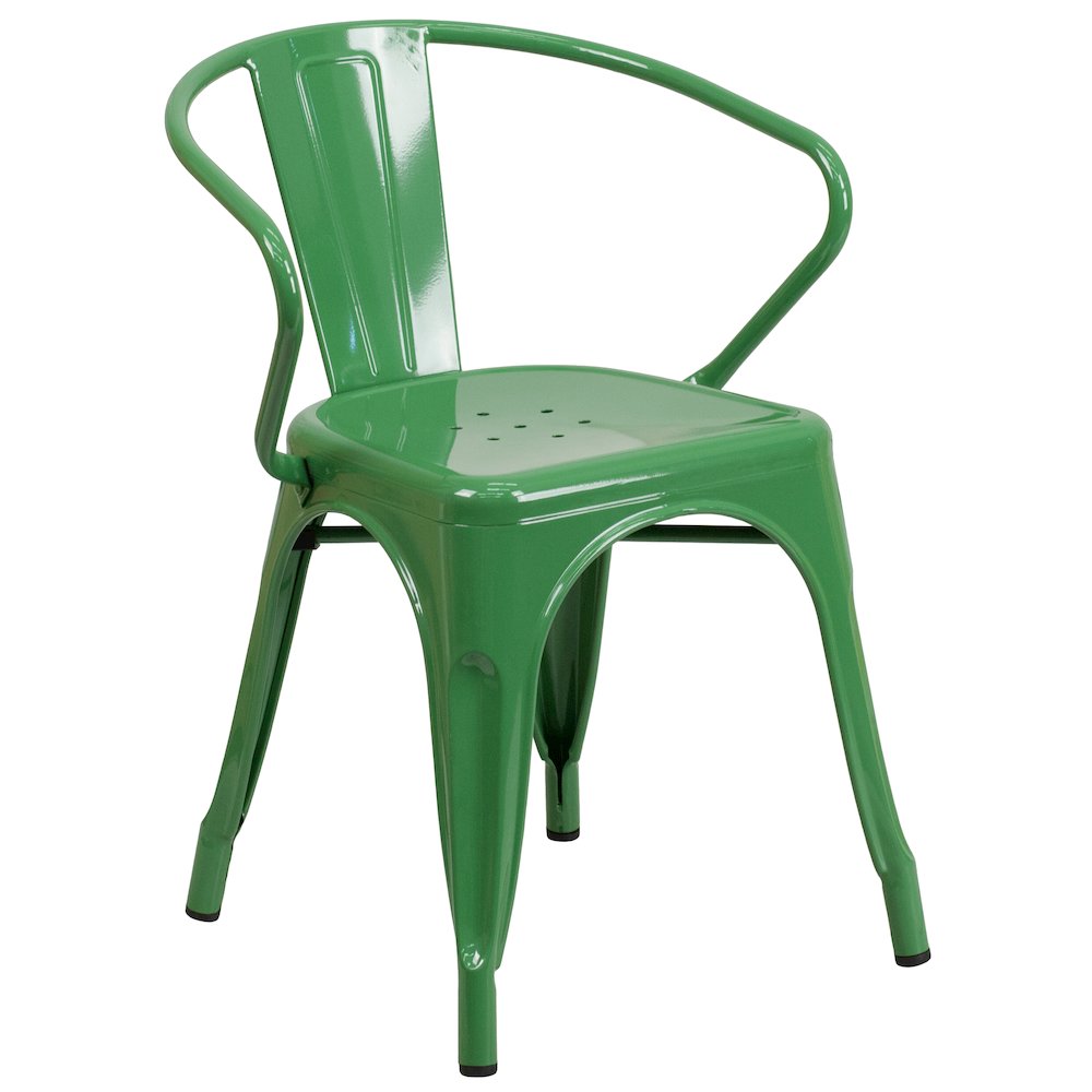 30" Round Green Metal Indoor-Outdoor Table Set with 4 Arm Chairs. Picture 5