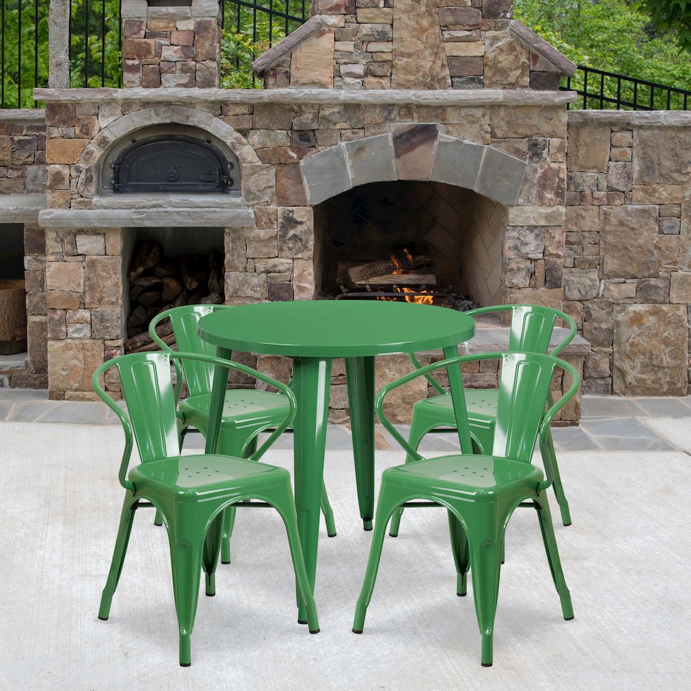 30" Round Green Metal Indoor-Outdoor Table Set with 4 Arm Chairs. Picture 2