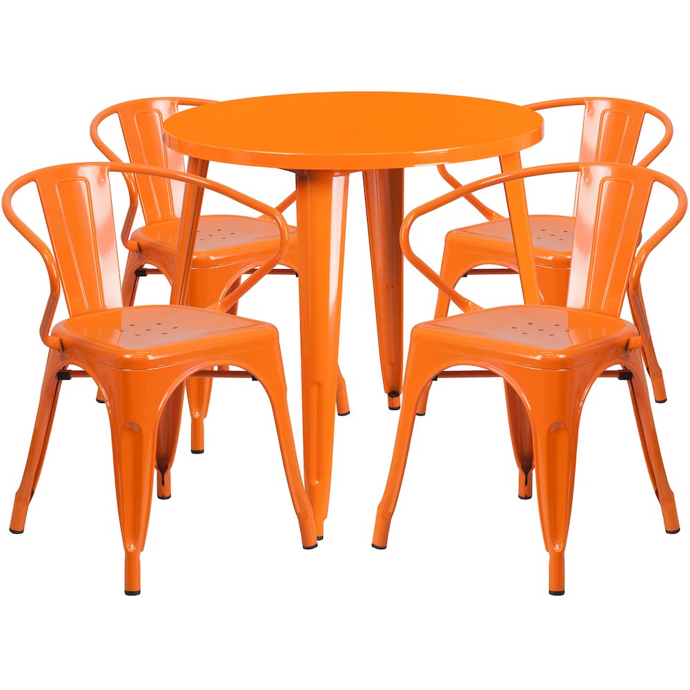 30" Round Orange Metal Indoor-Outdoor Table Set with 4 Arm Chairs. Picture 1