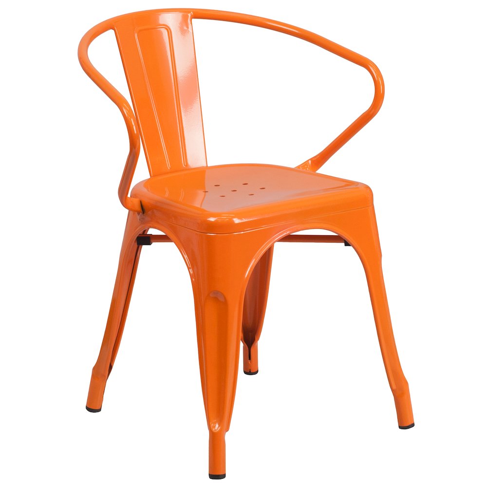 30" Round Orange Metal Indoor-Outdoor Table Set with 4 Arm Chairs. Picture 5