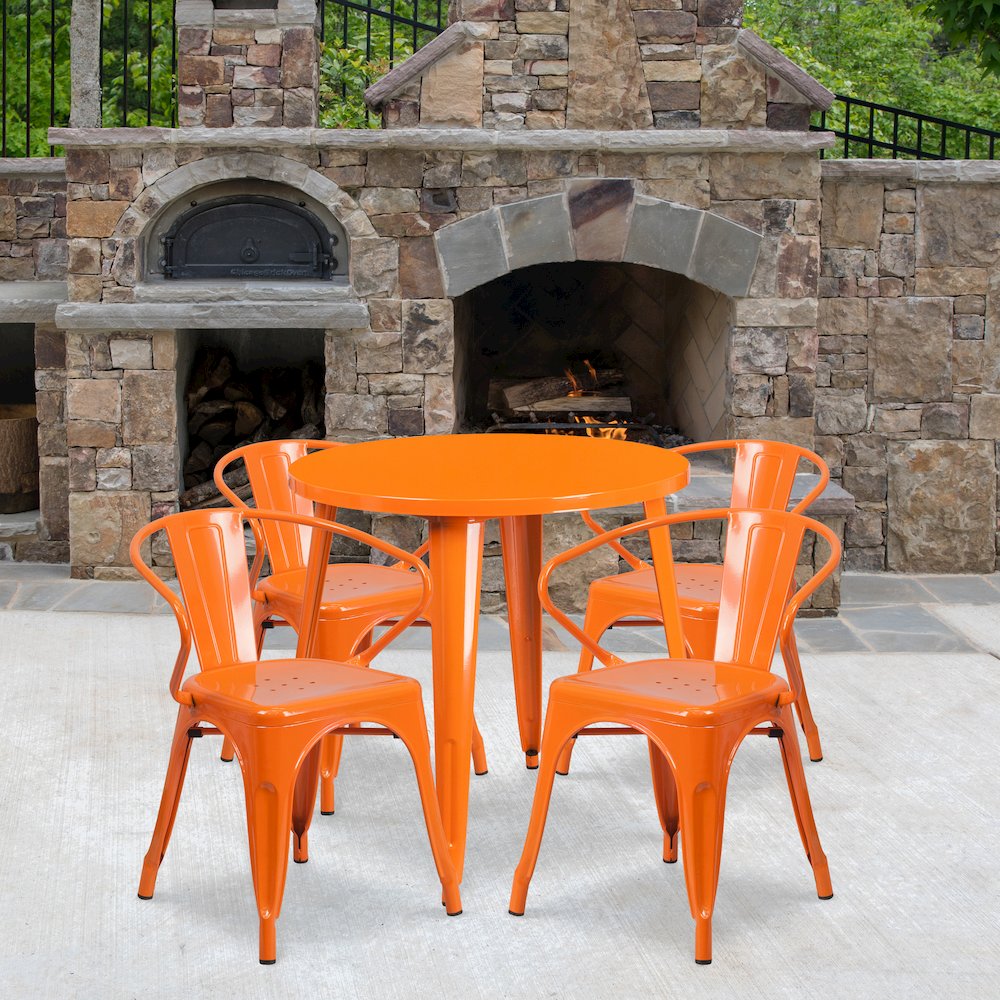 30" Round Orange Metal Indoor-Outdoor Table Set with 4 Arm Chairs. Picture 2