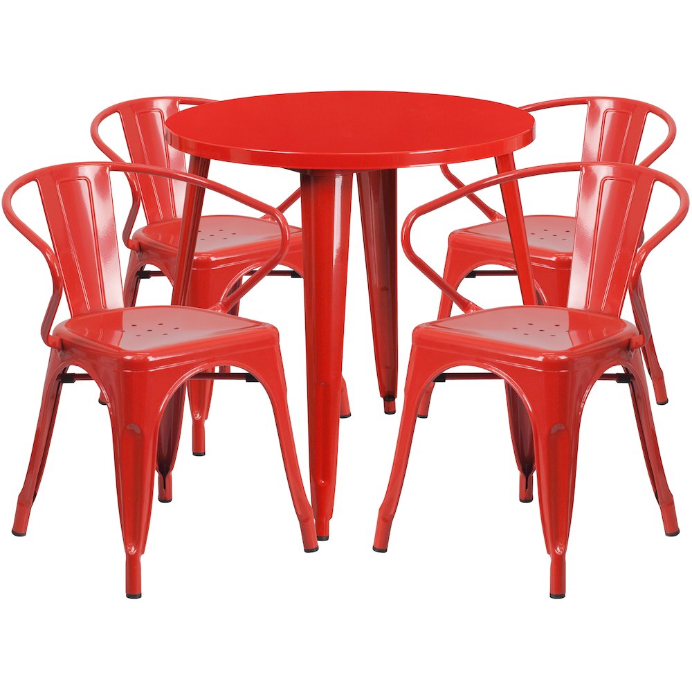 30" Round Red Metal Indoor-Outdoor Table Set with 4 Arm Chairs. Picture 1