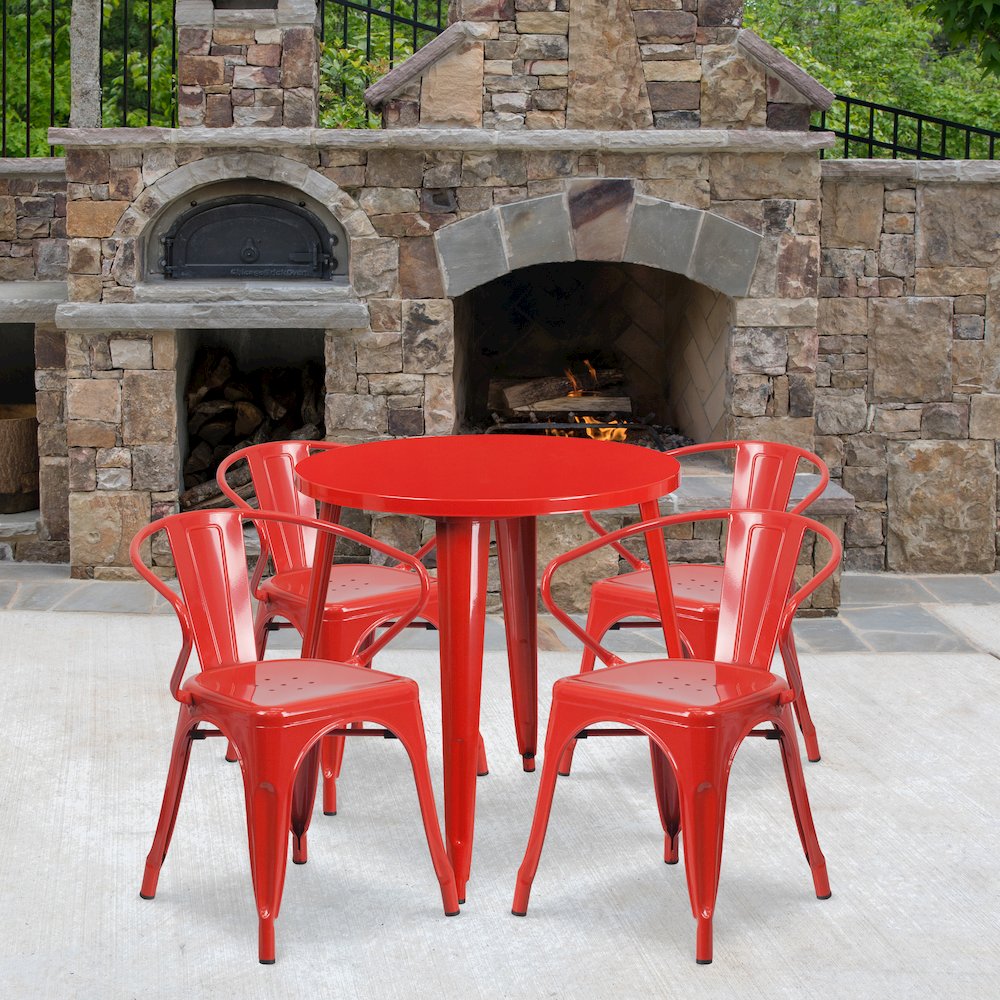 30" Round Red Metal Indoor-Outdoor Table Set with 4 Arm Chairs. Picture 2