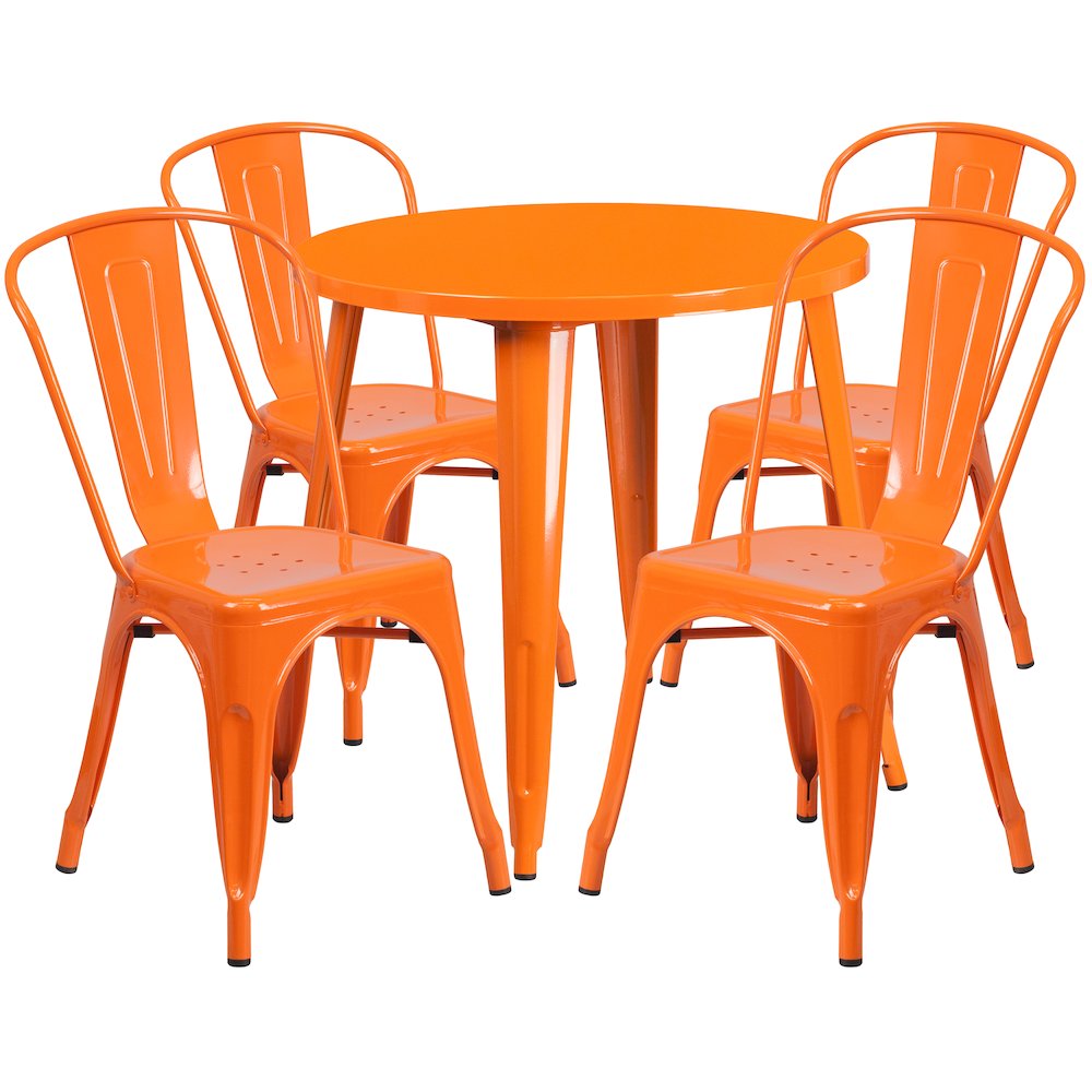 30" Round Orange Metal Indoor-Outdoor Table Set with 4 Cafe Chairs. Picture 1