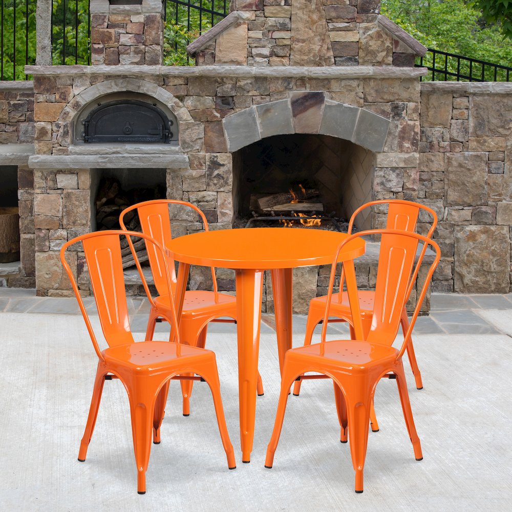 30" Round Orange Metal Indoor-Outdoor Table Set with 4 Cafe Chairs. Picture 2