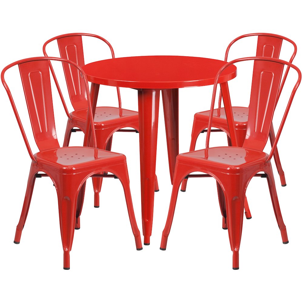 30" Round Red Metal Indoor-Outdoor Table Set with 4 Cafe Chairs. Picture 1