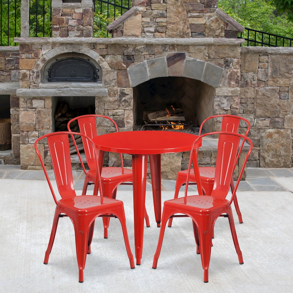 30" Round Red Metal Indoor-Outdoor Table Set with 4 Cafe Chairs. Picture 2