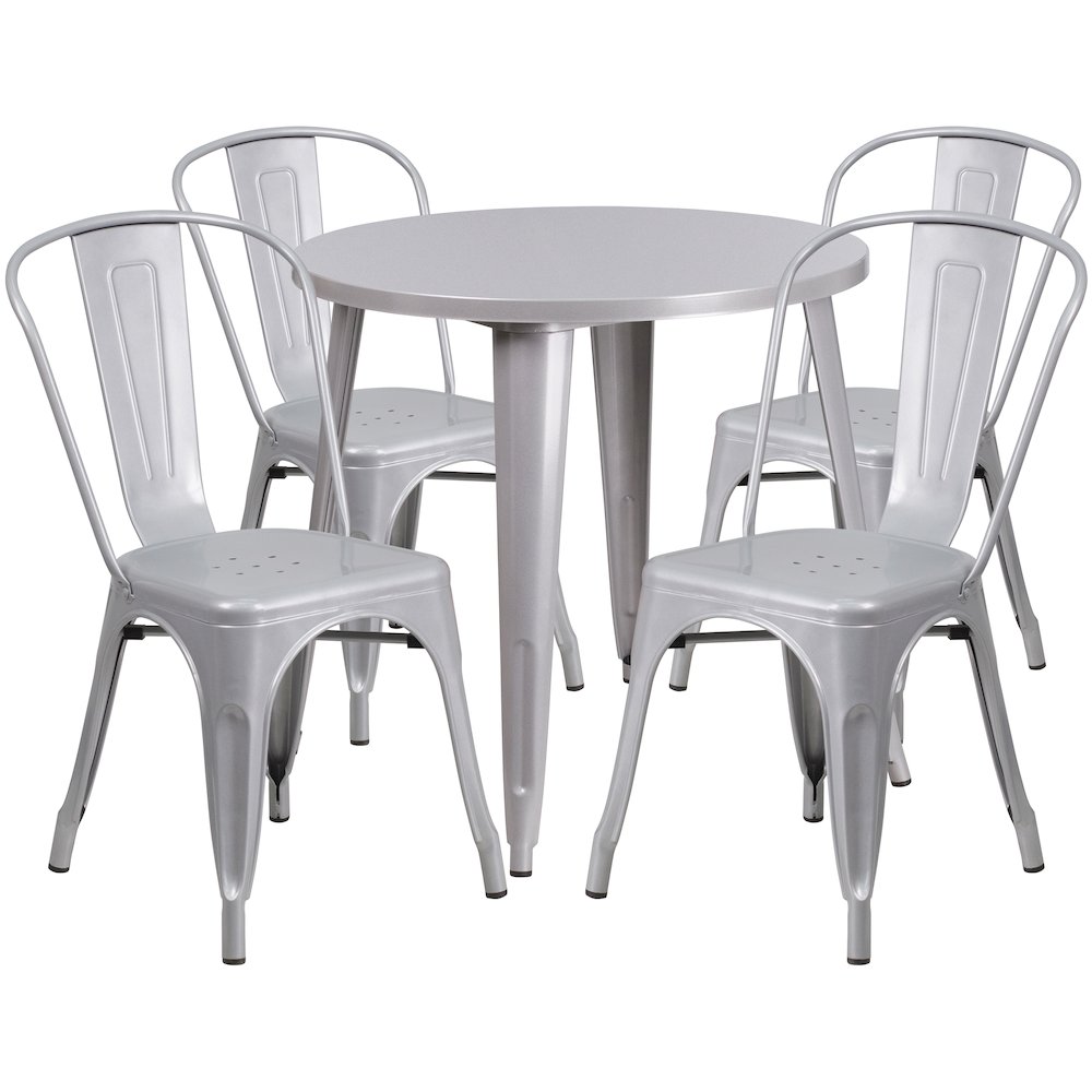 30" Round Silver Metal Indoor-Outdoor Table Set with 4 Cafe Chairs. Picture 1