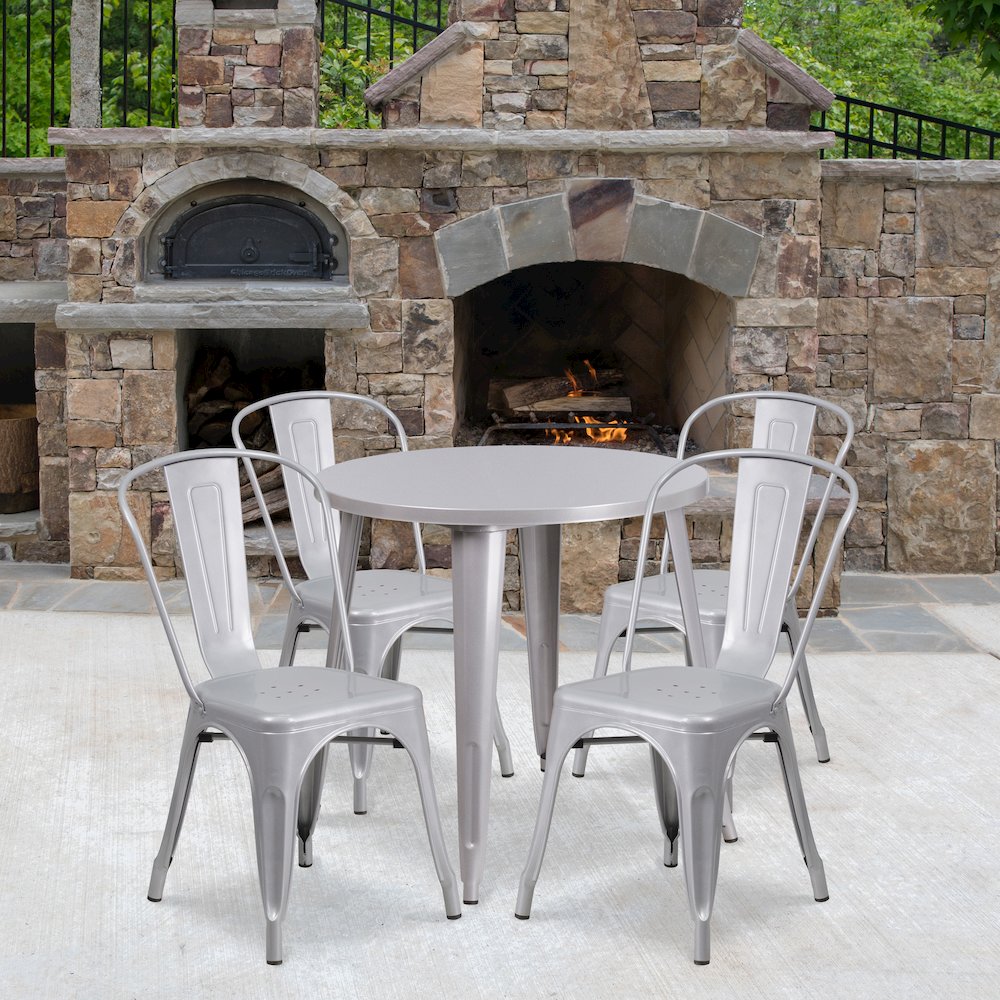 30" Round Silver Metal Indoor-Outdoor Table Set with 4 Cafe Chairs. Picture 2