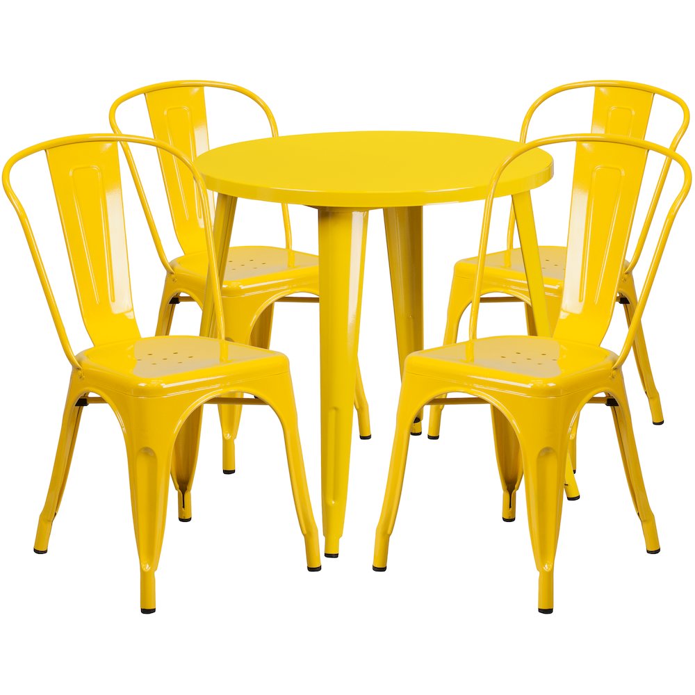 Commercial Grade 30" Round Yellow Metal Indoor-Outdoor Table Set with 4 Cafe Chairs. Picture 1