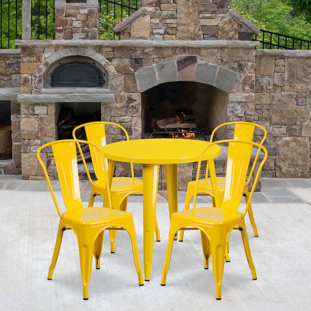 Commercial Grade 30" Round Yellow Metal Indoor-Outdoor Table Set with 4 Cafe Chairs. Picture 4