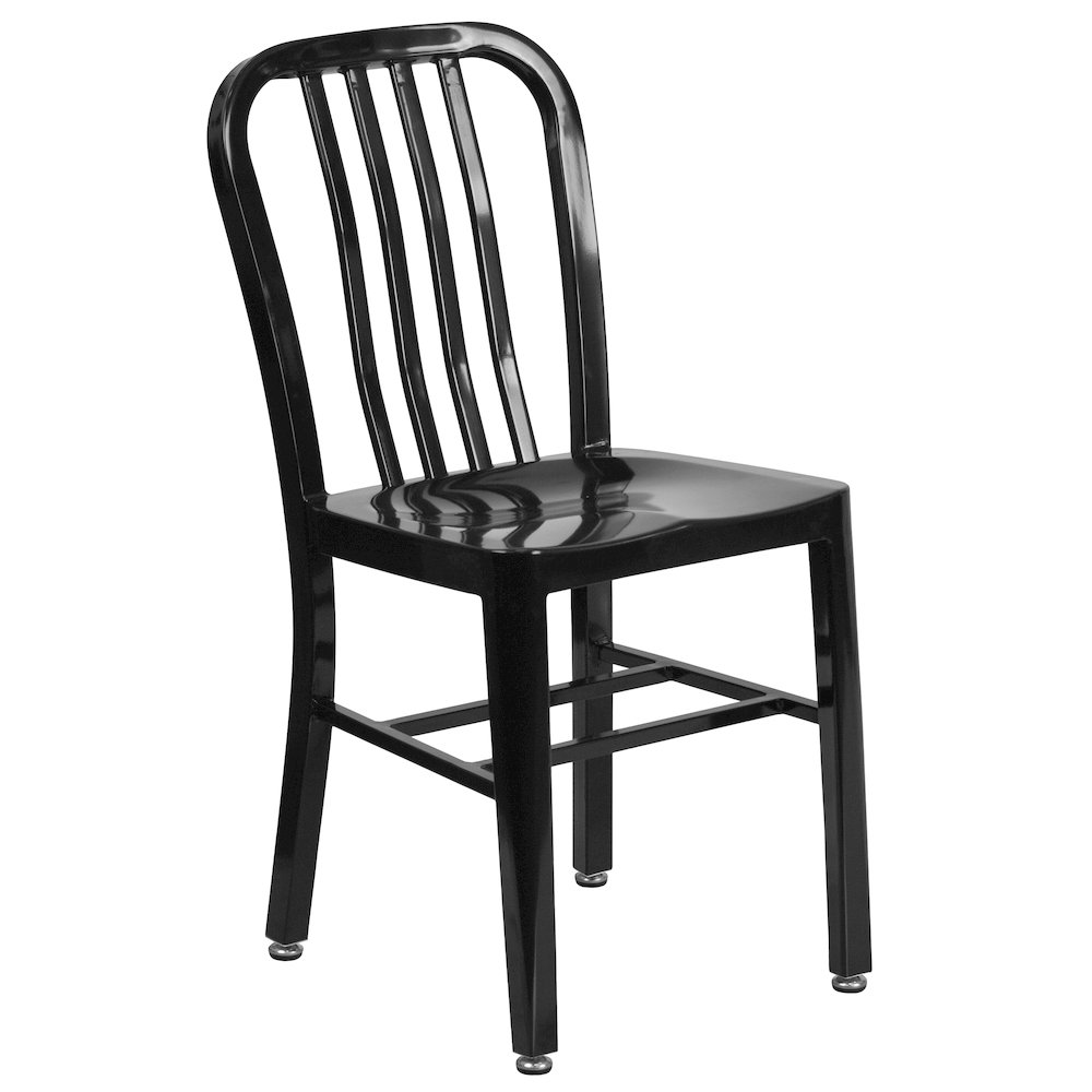 Commercial Grade 30" Round Black Metal Indoor-Outdoor Table Set with 4 Vertical Slat Back Chairs. Picture 3