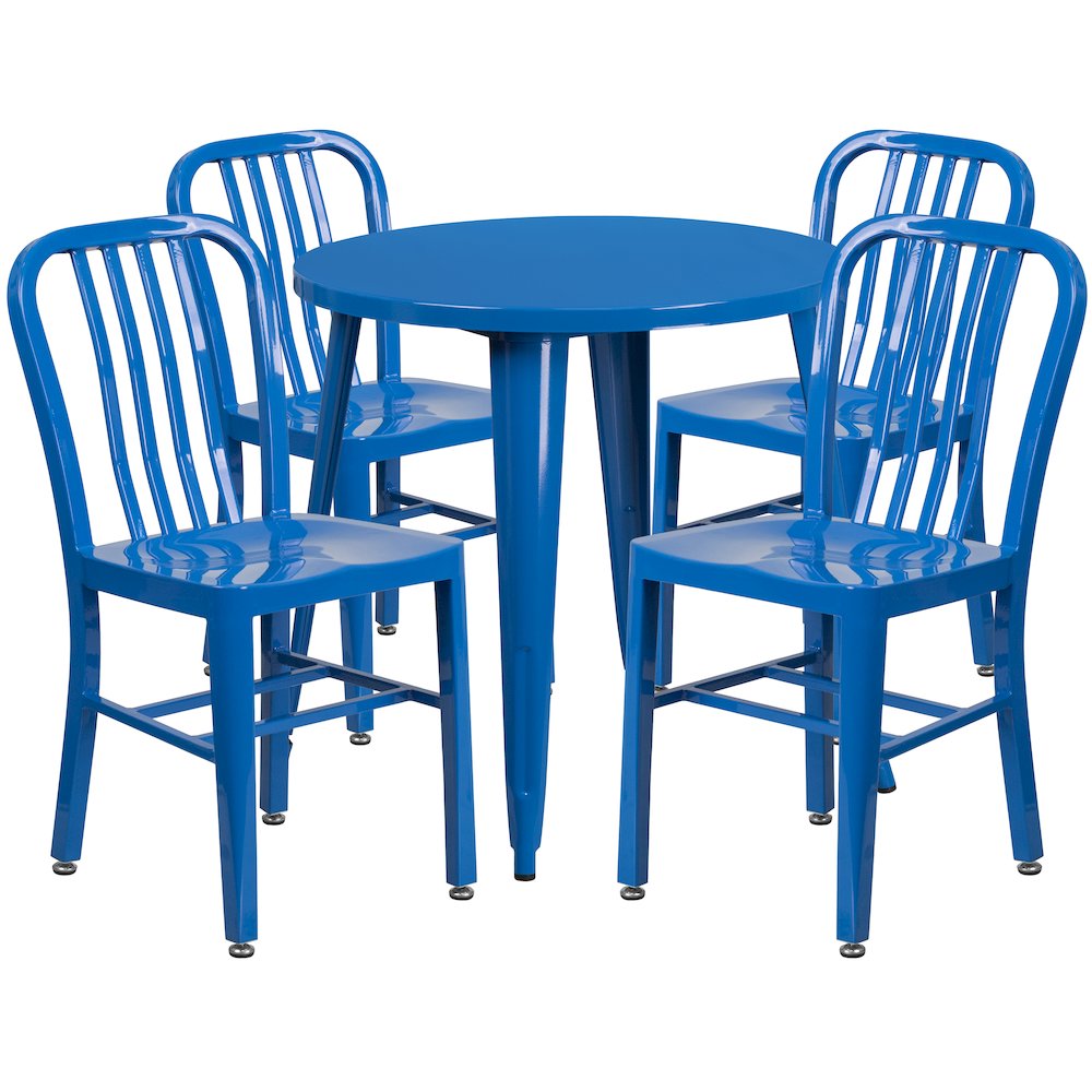 Commercial Grade 30" Round Blue Metal Indoor-Outdoor Table Set with 4 Vertical Slat Back Chairs. Picture 1