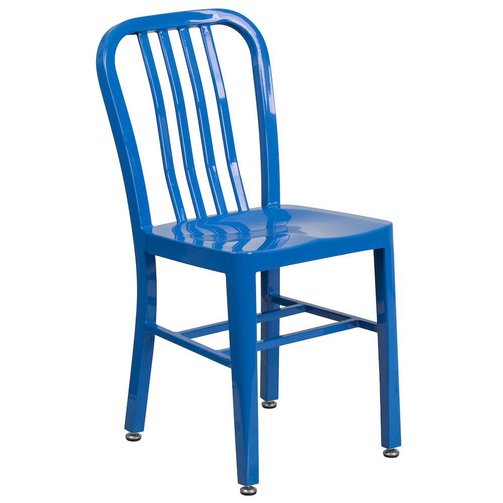 Commercial Grade 30" Round Blue Metal Indoor-Outdoor Table Set with 4 Vertical Slat Back Chairs. Picture 3