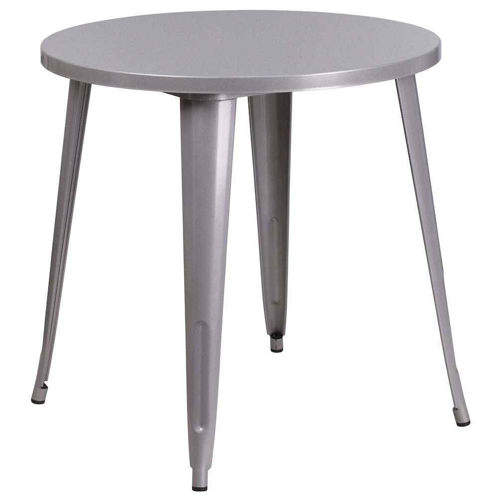 Commercial Grade 30" Round Silver Metal Indoor-Outdoor Table Set with 4 Vertical Slat Back Chairs. Picture 2