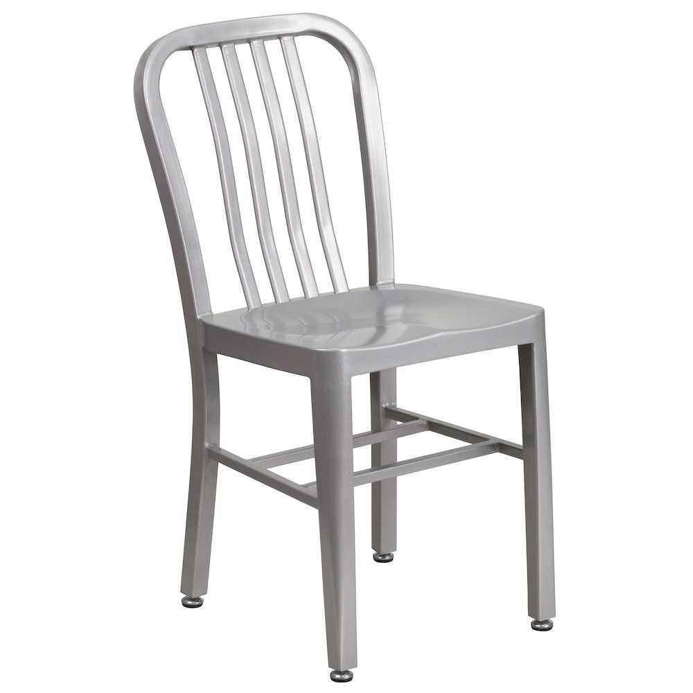 Commercial Grade 30" Round Silver Metal Indoor-Outdoor Table Set with 4 Vertical Slat Back Chairs. Picture 3