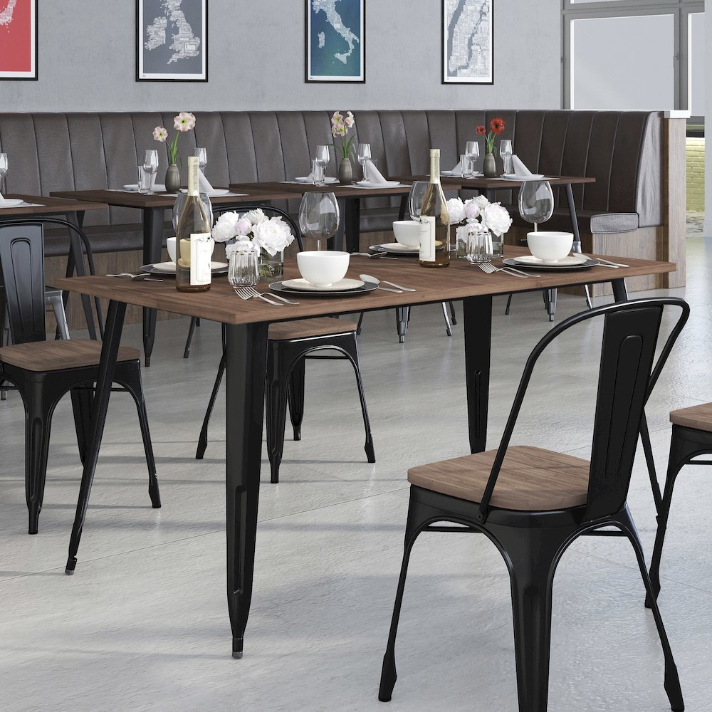 30.25" x 60" Rectangular Black Metal Indoor Table with Walnut Rustic Wood Top. Picture 2