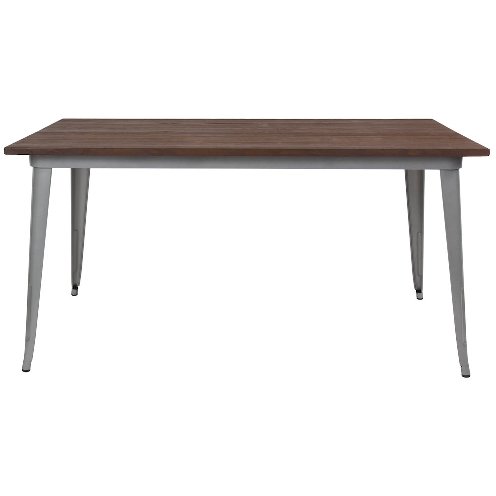 30.25" x 60" Rectangular Silver Metal Indoor Table with Walnut Rustic Wood Top. Picture 5