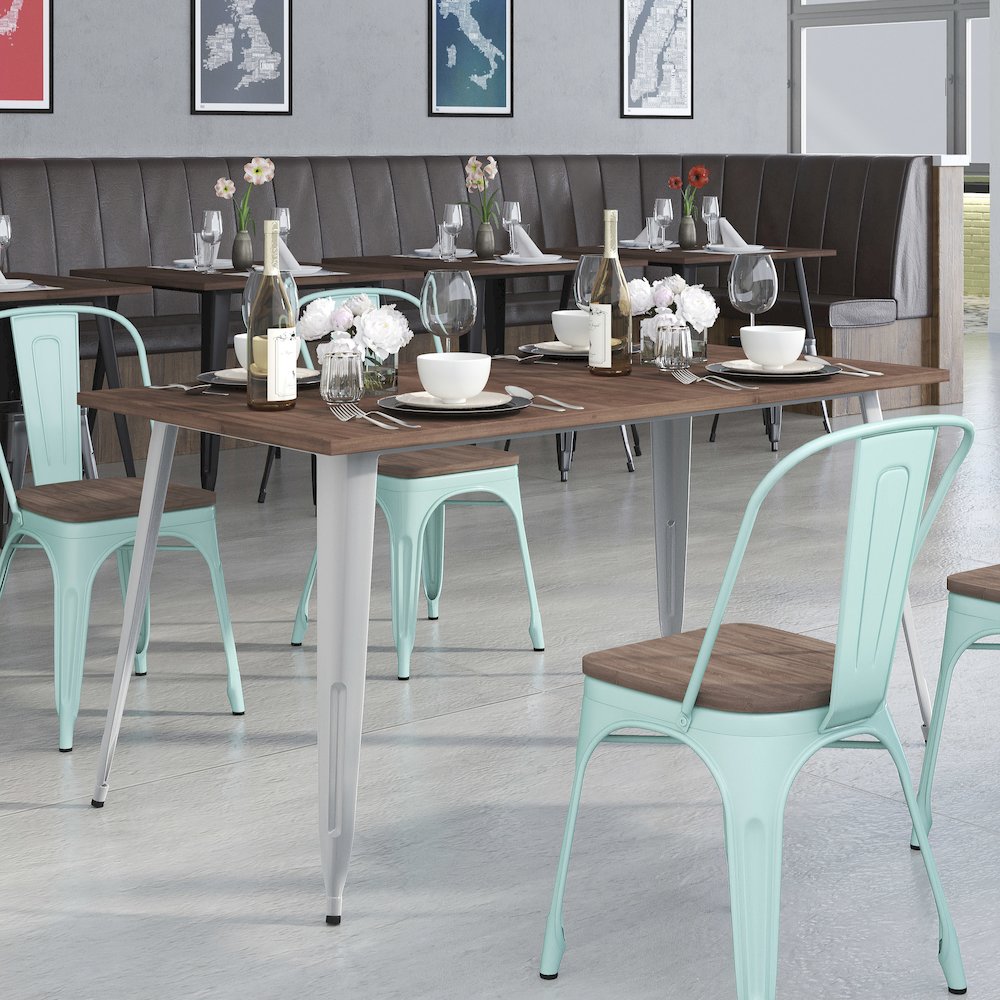 30.25" x 60" Rectangular Silver Metal Indoor Table with Walnut Rustic Wood Top. Picture 2