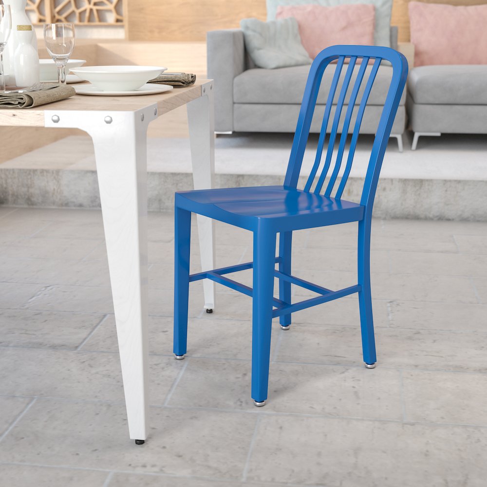 Commercial Grade Blue Metal Indoor-Outdoor Chair. Picture 8