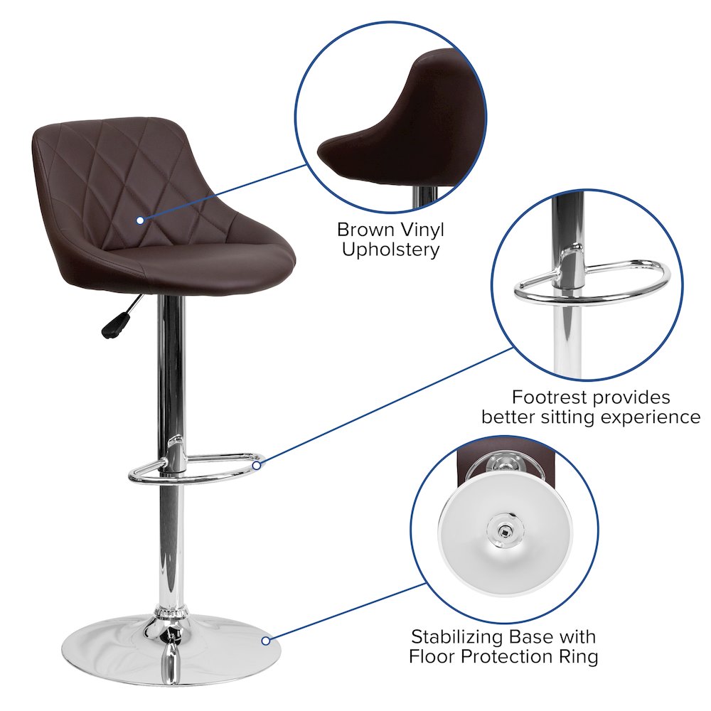 Brown Vinyl Bucket Seat Barstool with Diamond Pattern Back and Chrome Base. Picture 5