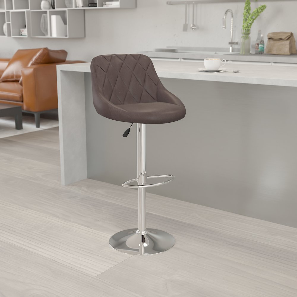Contemporary Brown Vinyl Bucket Seat Adjustable Height Barstool with Diamond Pattern Back and Chrome Base. Picture 6
