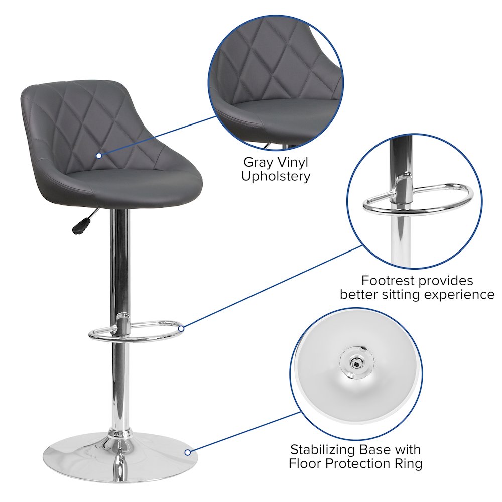Contemporary Gray Vinyl Bucket Seat Adjustable Height Barstool with Chrome Base. Picture 5