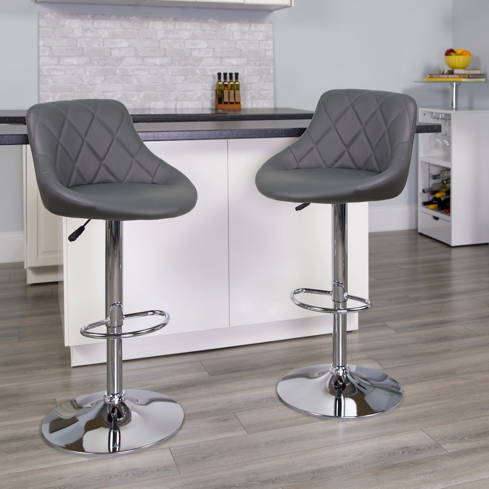 Contemporary Gray Vinyl Bucket Seat Adjustable Height Barstool with Chrome Base. Picture 2