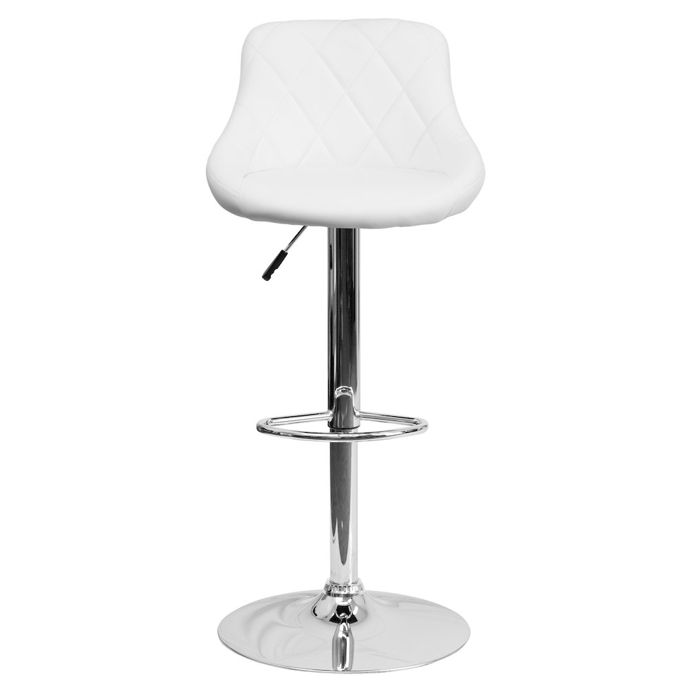 Contemporary White Vinyl Bucket Seat Adjustable Height Barstool with Diamond Pattern Back and Chrome Base. Picture 5