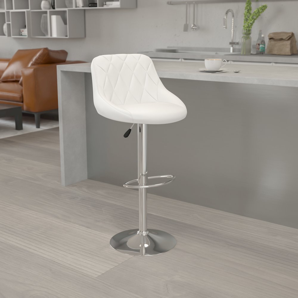 Contemporary White Vinyl Bucket Seat Adjustable Height Barstool with Diamond Pattern Back and Chrome Base. Picture 6