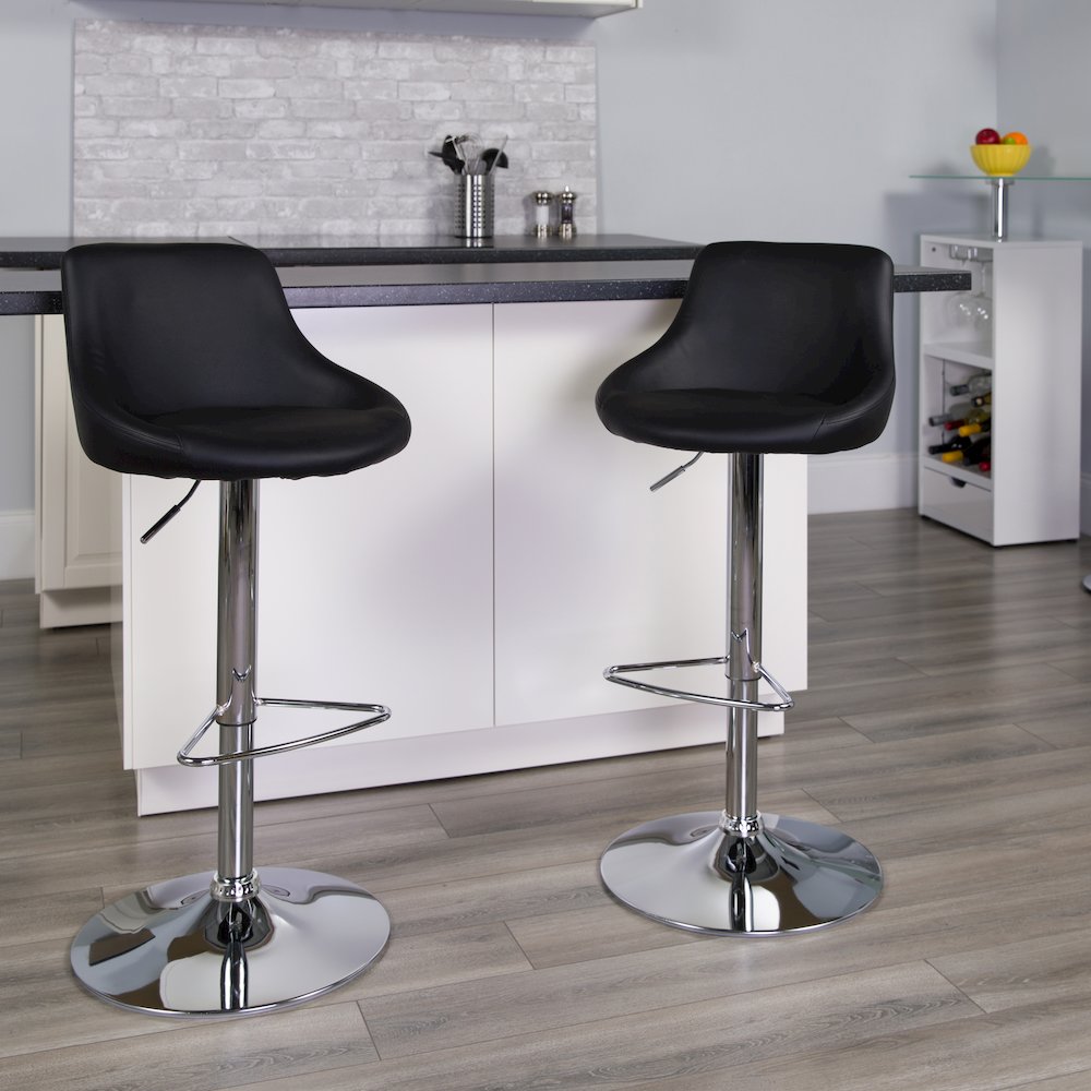 Contemporary Black Vinyl Bucket Seat Adjustable Height Barstool with Chrome Base. Picture 2