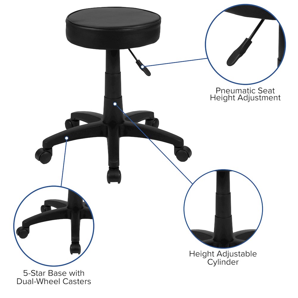 Black Adjustable Doctors Stool on Wheels with Ergonomic Molded Seat. Picture 5