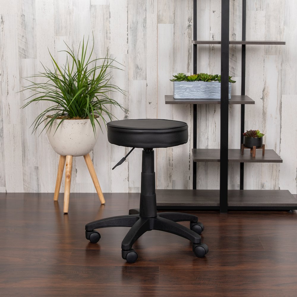 Black Adjustable Doctors Stool on Wheels with Ergonomic Molded Seat. Picture 7