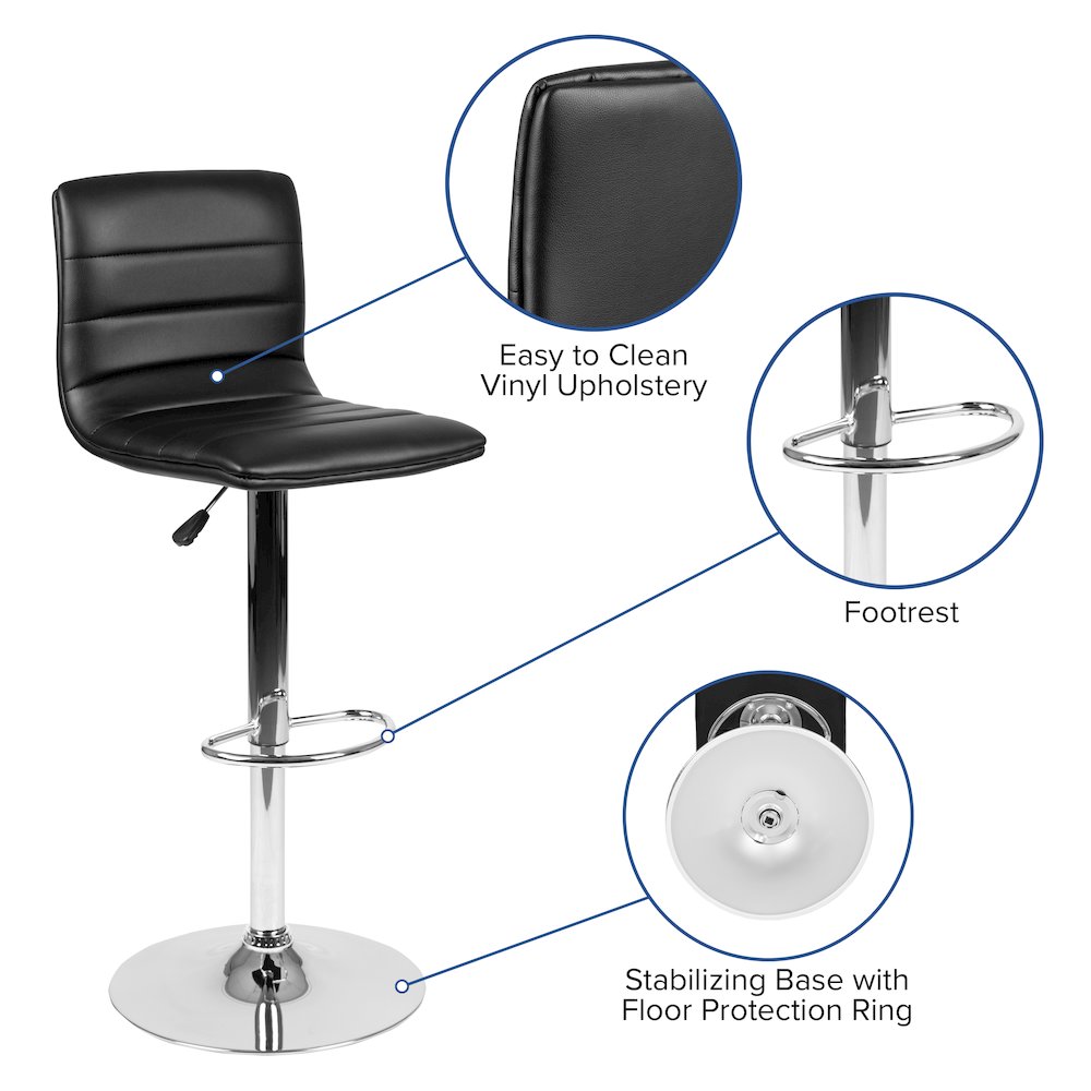Black Vinyl Adjustable Bar Stool, Swivel Stool with Chrome Pedestal Base. Picture 5