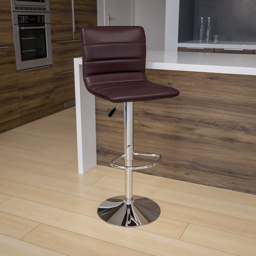Modern Brown Vinyl Adjustable Bar Stool with Back, Counter Height Swivel Stool with Chrome Pedestal Base. Picture 8