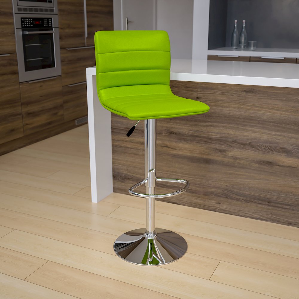 Green Vinyl Adjustable Bar Stool, Swivel Stool with Chrome Pedestal Base. Picture 2