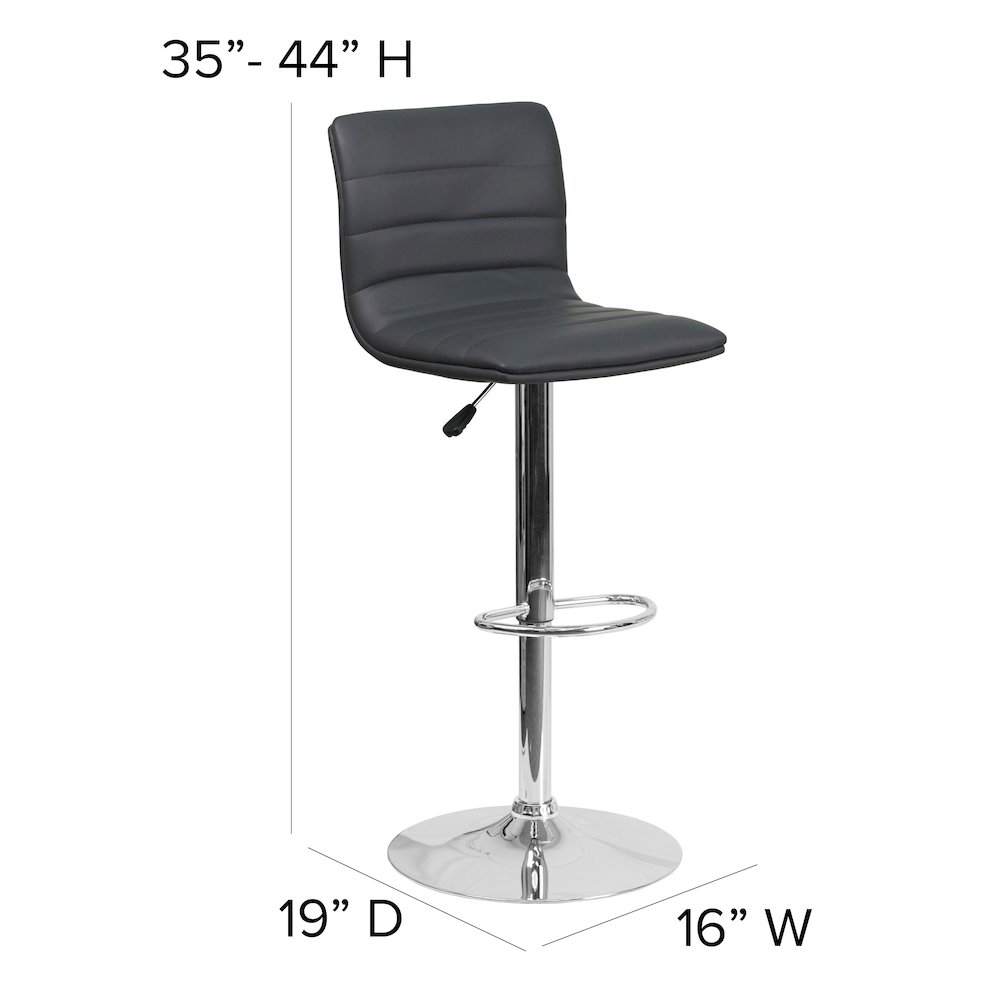 Modern Gray Vinyl Adjustable Bar Stool with Back, Counter Height Swivel Stool with Chrome Pedestal Base. Picture 2