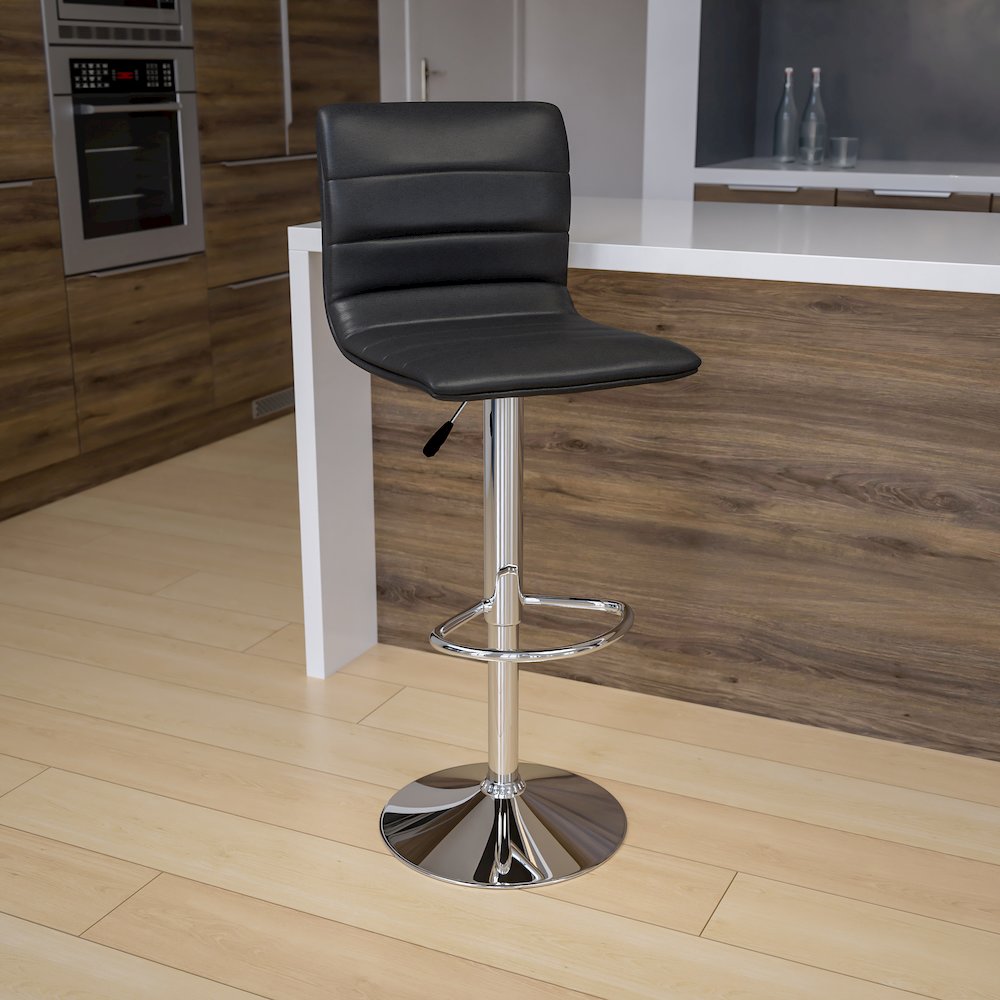 Modern Gray Vinyl Adjustable Bar Stool with Back, Counter Height Swivel Stool with Chrome Pedestal Base. Picture 8